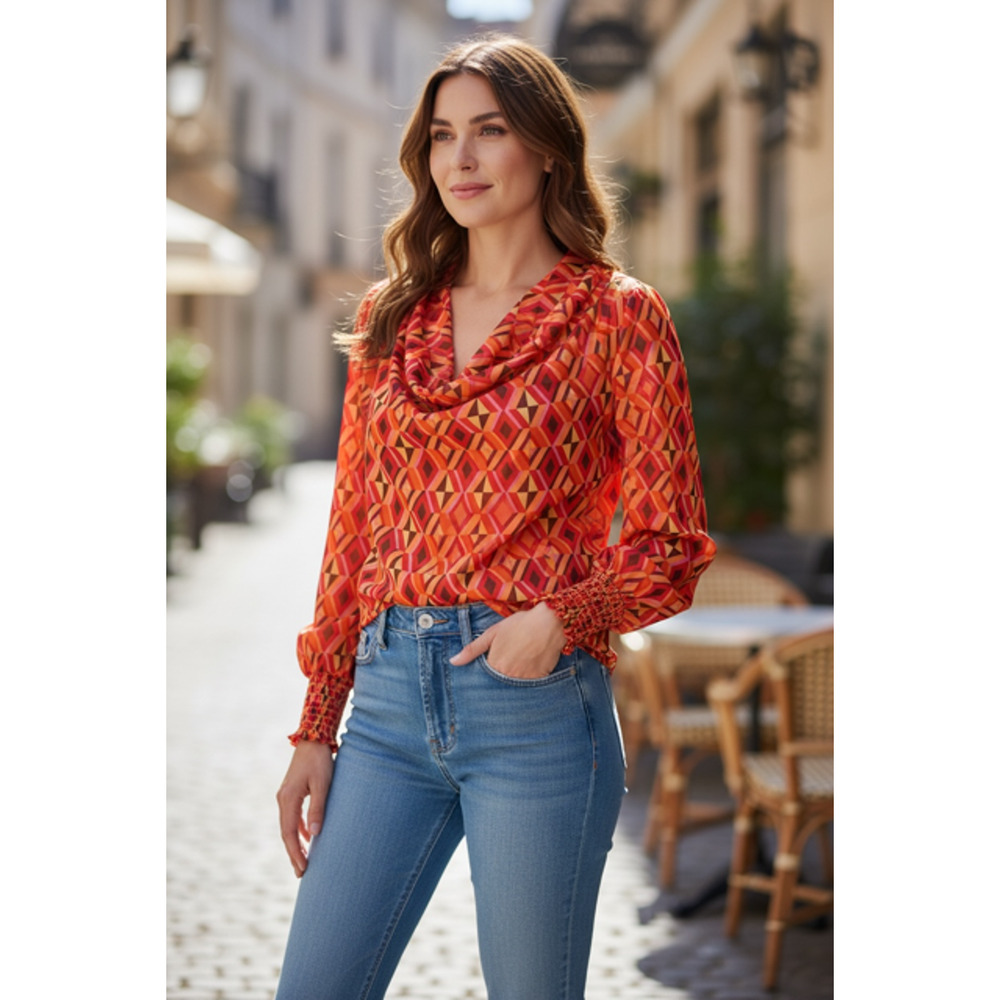 Fate - Cowl Neck Geometrical Blouse with Smocked Long Sleeves - Large